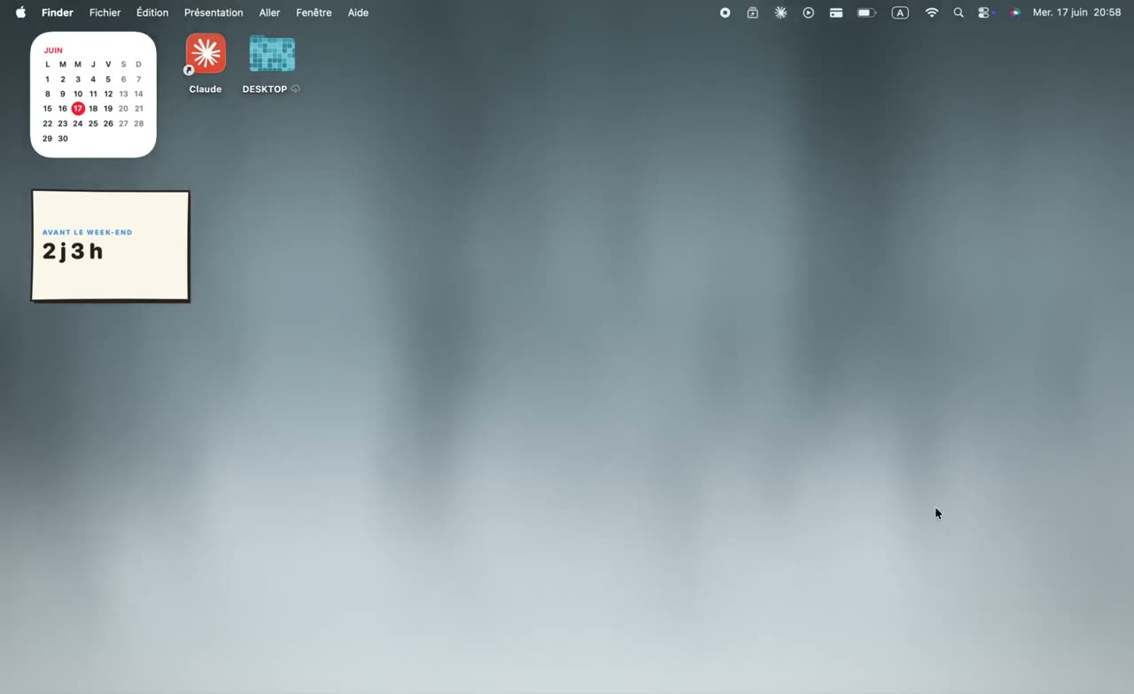 macOS-Schreibtisch mit Mac+: der animierte Hintergrund Aurora, ein Kalender-Widget und ein Countdown, dazu zwei Ordner mit eigenen Symbolen