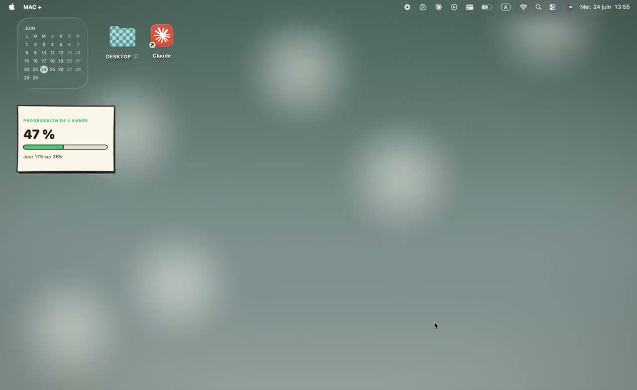 macOS desktop running Mac+ with the Bubbles animated wallpaper, a clock widget and folders with custom icons