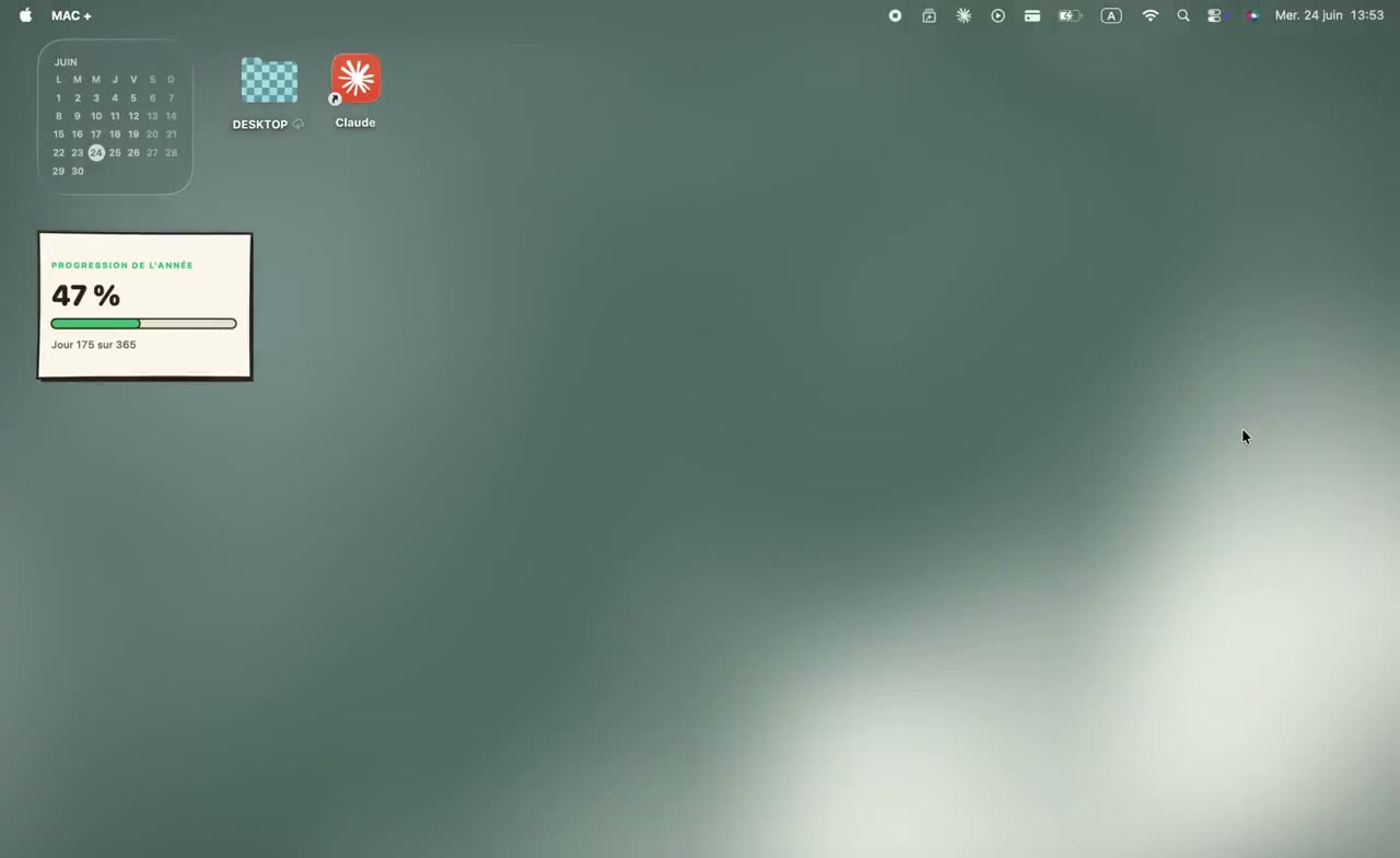 macOS desktop running the Mac+ gradient wallpaper, with folders still showing their custom icons instead of the default blue after a system update