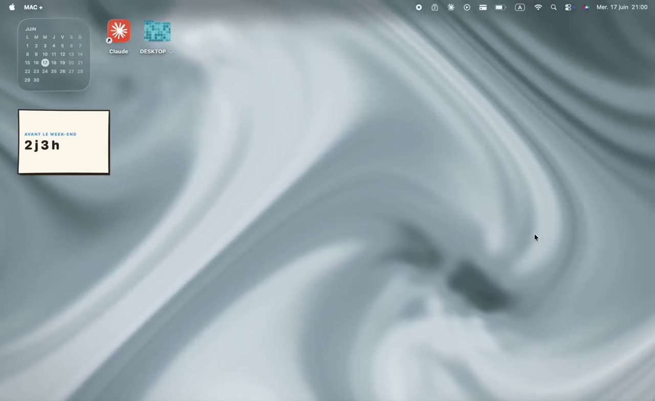Bureau macOS avec la scène animée Flux de Mac+, illustrant un fond d'écran animé payé une seule fois