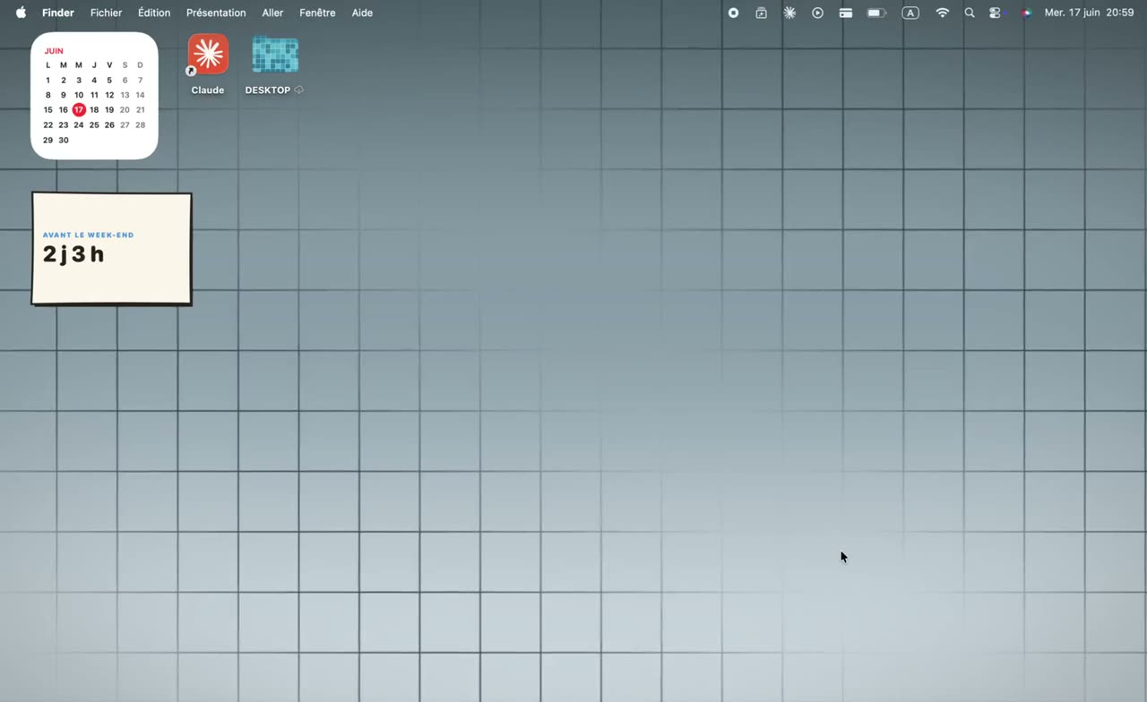 Mac desktop showing clock, weather and battery widgets sitting on the desktop layer over a mesh-pattern animated wallpaper, the display layer that decides this comparison