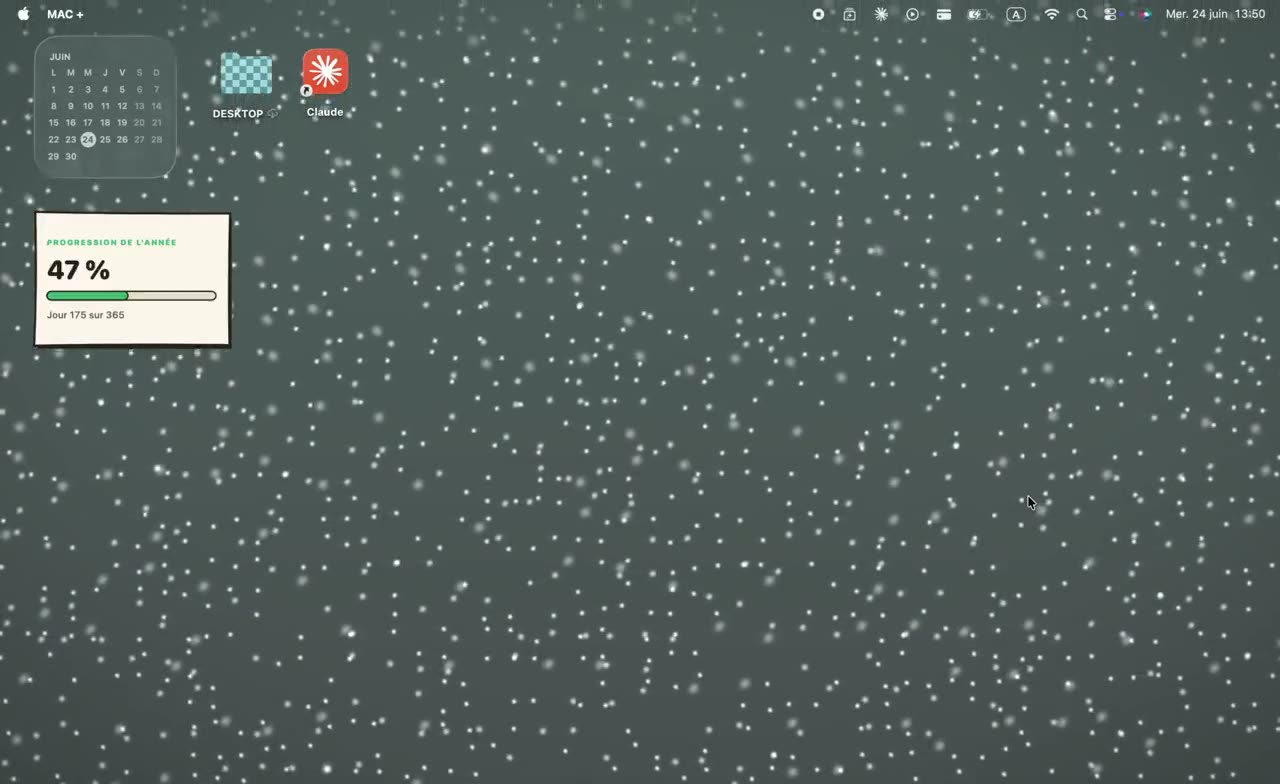 macOS-Schreibtisch mit Mac+: der animierte Hintergrund Schnee, ein Kalender-Widget und ein Wochenend-Countdown sowie zwei Ordner mit eigenen Symbolen