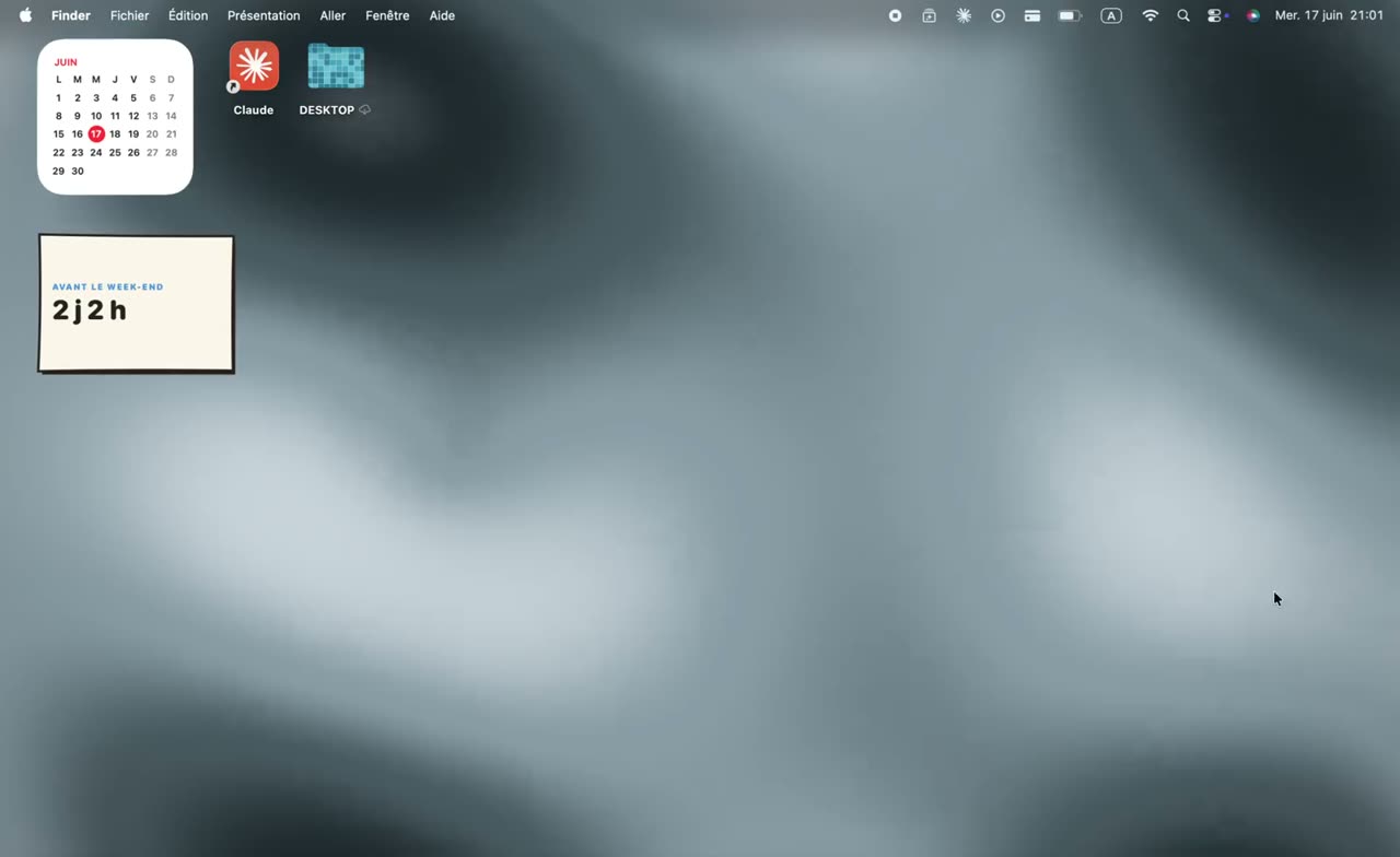 macOS desktop running Mac+: the Plasma animated wallpaper, a calendar widget and a weekend countdown, and two folders with custom icons