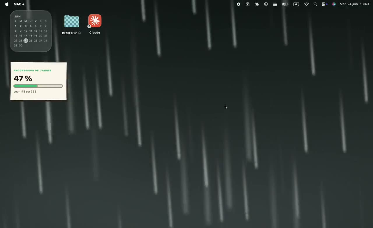 macOS-Schreibtisch mit Mac+: der animierte Hintergrund Regen, ein Kalender-Widget und ein Wochenend-Countdown sowie zwei Ordner mit eigenen Symbolen