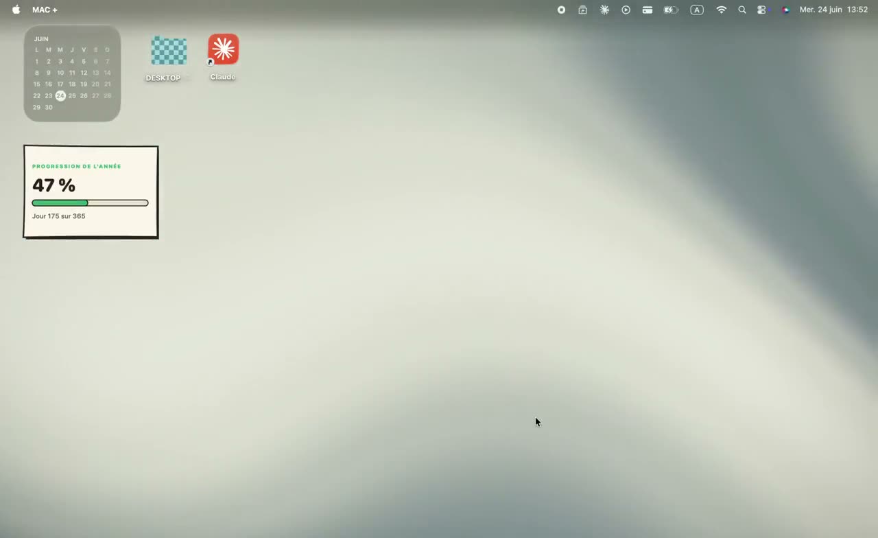 macOS desktop running Mac+: the Silk animated wallpaper, a calendar widget and a weekend countdown, and two folders with custom icons