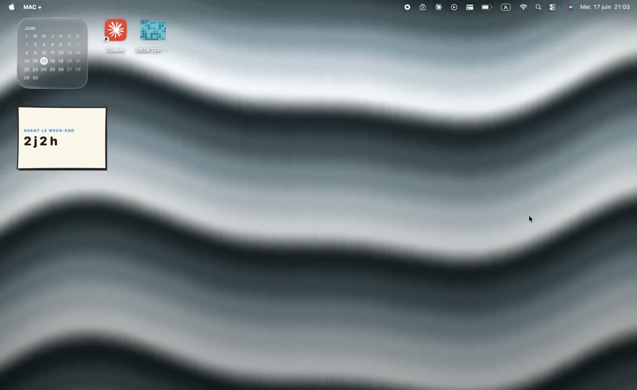 macOS desktop running Mac+: the Waves animated wallpaper, a calendar widget and a weekend countdown, and two folders with custom icons